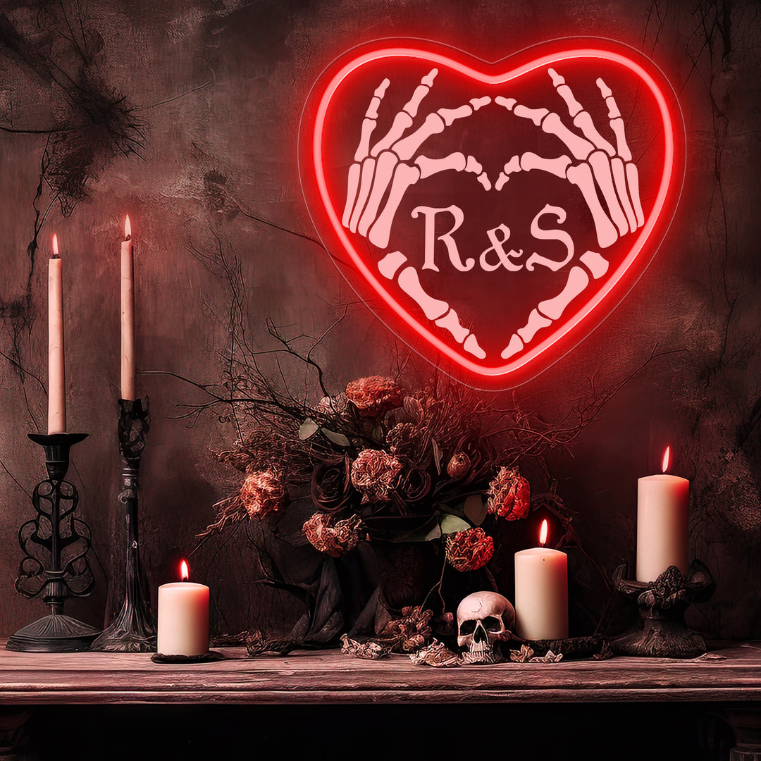 SELICOR Heart Shaped Skeleton Hand Custom Initials UV Print Neon Sign