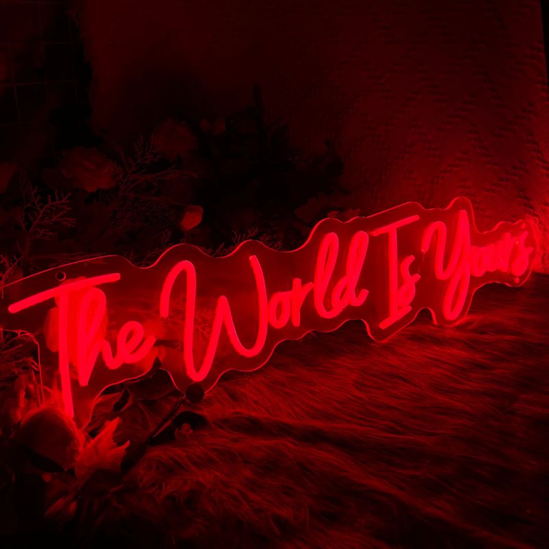 A SELICOR neon sign featuring the empowering message The World is Yours in bright electric hues standing out against its surroundings