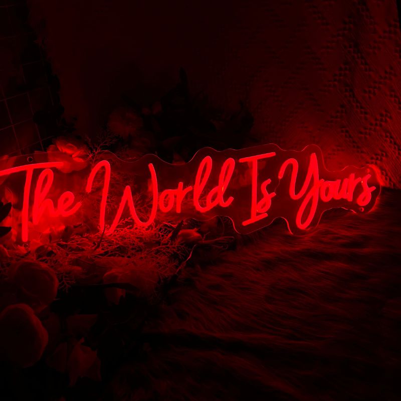 An electric SELICOR neon sign spelling out The World is Yours in eye-catching glowing typography against a contrasting backdrop