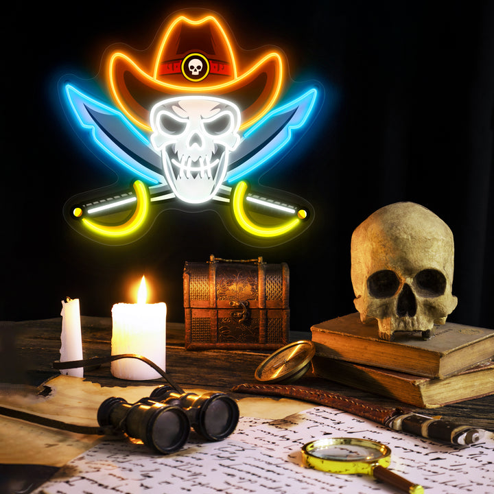 SELICOR Cowboy Hat Western Skull Pirate Cross Swords Neon Sign for Spooky Halloween Decor