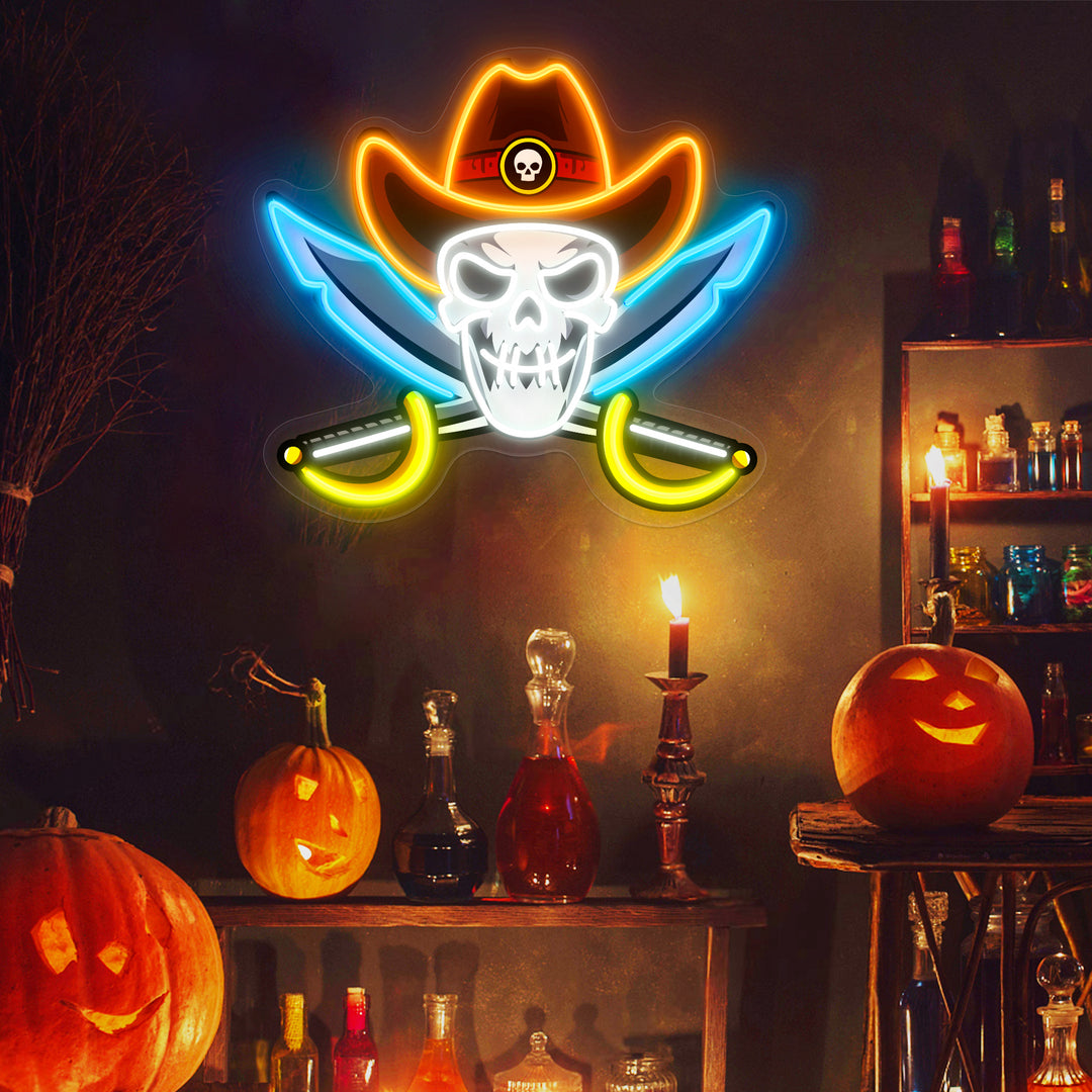 SELICOR Cowboy Hat Western Skull Pirate Cross Swords Neon Sign for Spooky Halloween Decor