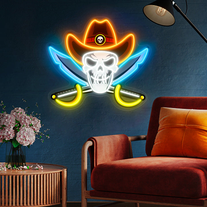 SELICOR Cowboy Hat Western Skull Pirate Cross Swords Neon Sign for Spooky Halloween Decor