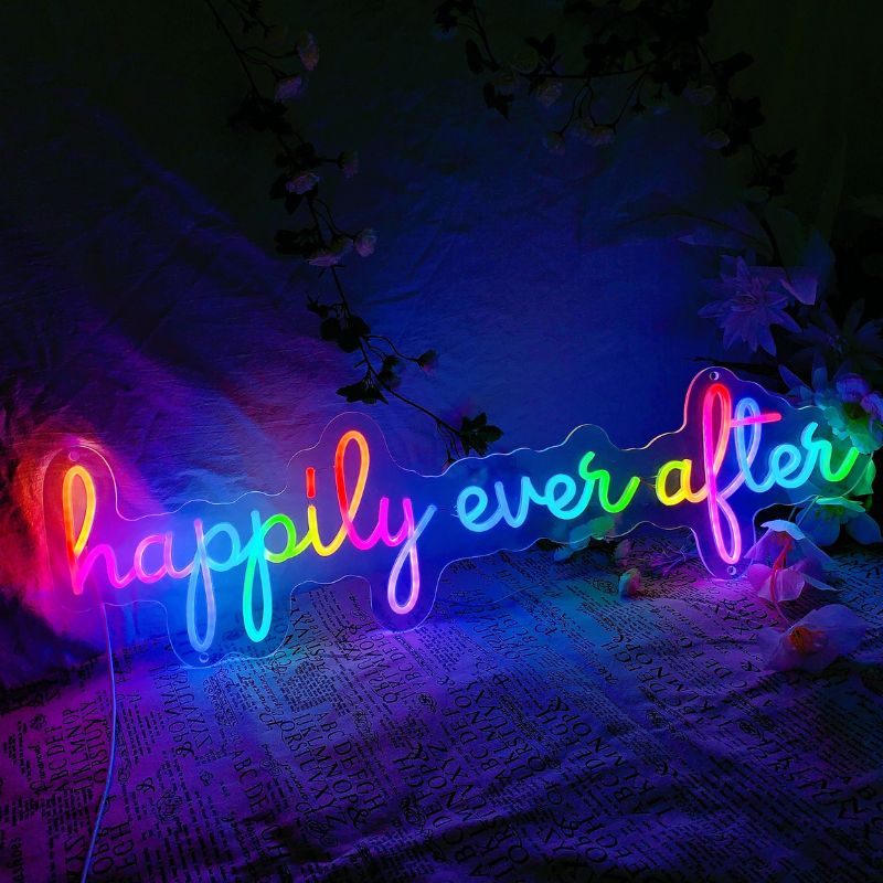 RGB-enabled Happily Ever After neon wedding sign, showcasing a vivid display of mesmerizing color transitions.
