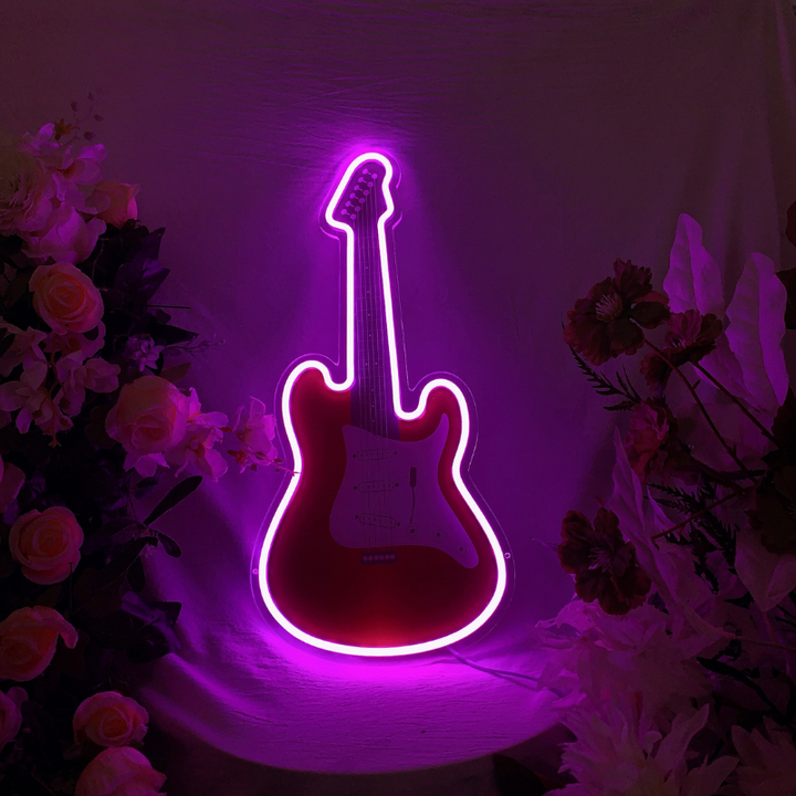 Vivid neon depiction of a guitar featuring an array of changing RGB colors.
