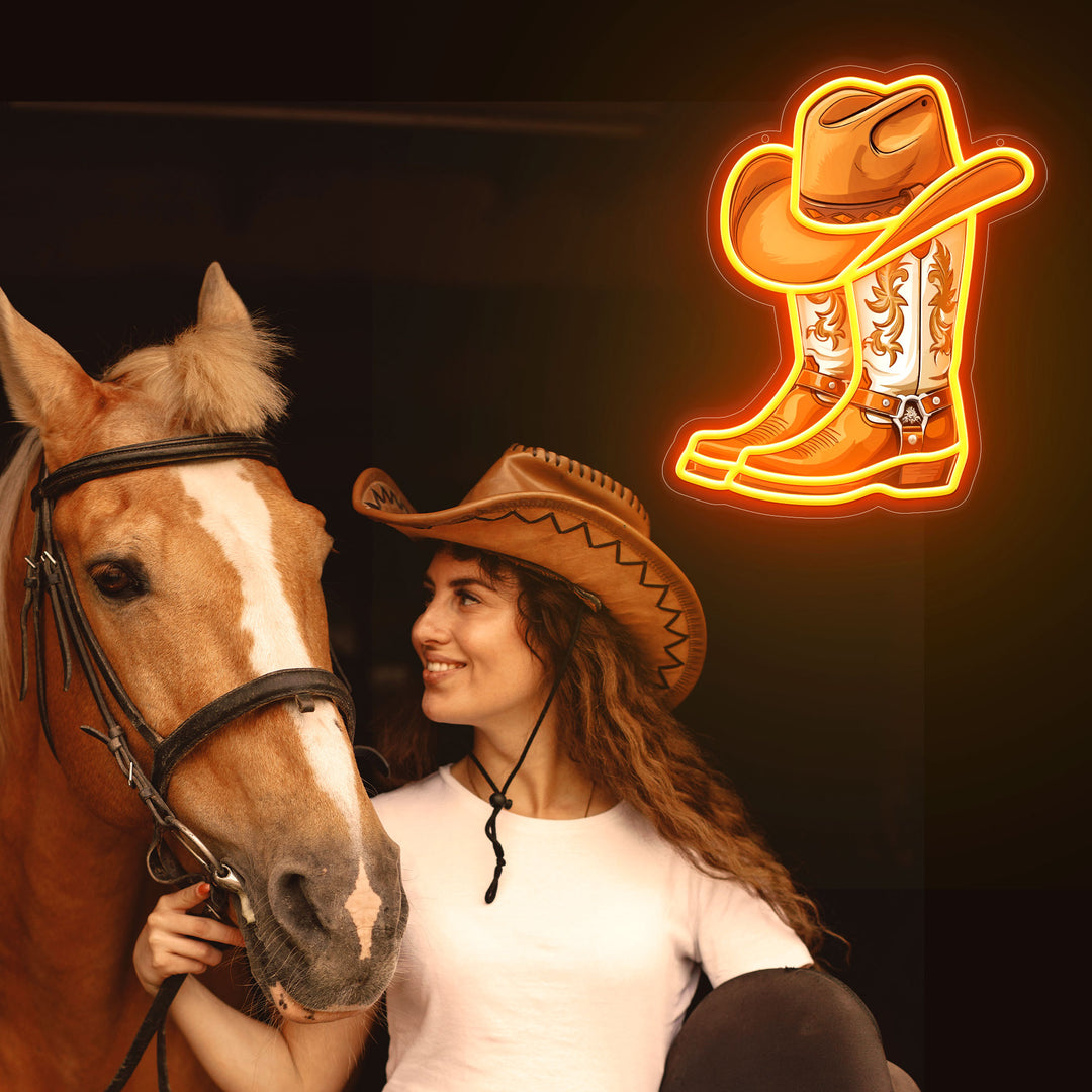 SELICOR Howdy Cowboy Boot and Hat UV Print Neon Sign Decor In Orange