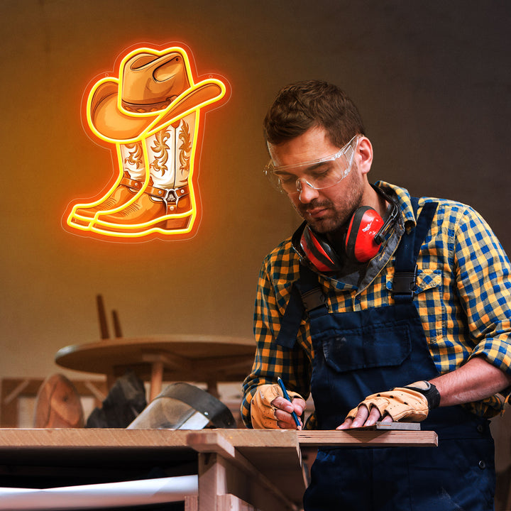 SELICOR Howdy Cowboy Boot and Hat UV Print Neon Sign Decor In Orange