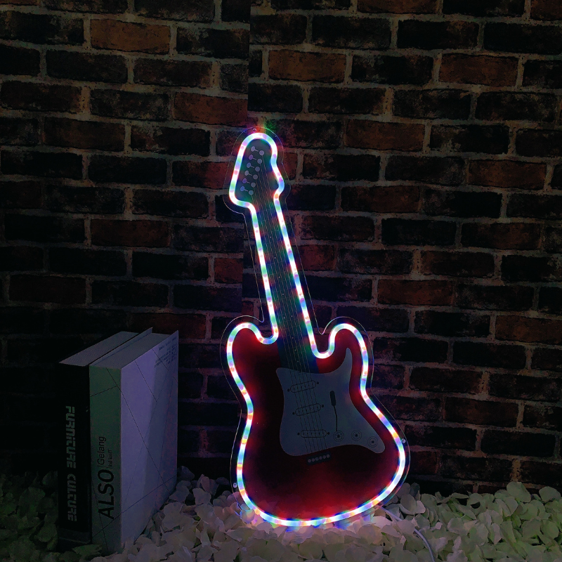 Glowing neon guitar display featuring mesmerizing RGB color shifts.