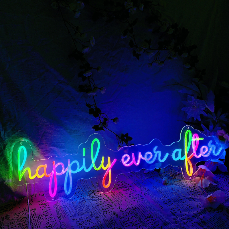 Dynamic Happily Ever After neon wedding sign with RGB illumination, casting a captivating array of changing colors.